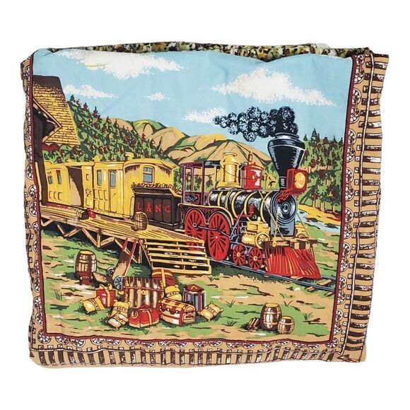 Baby Blanket Reversible Choo Choo Train Airplane Clouds Railroad Brown Blue - Picture 6 of 6